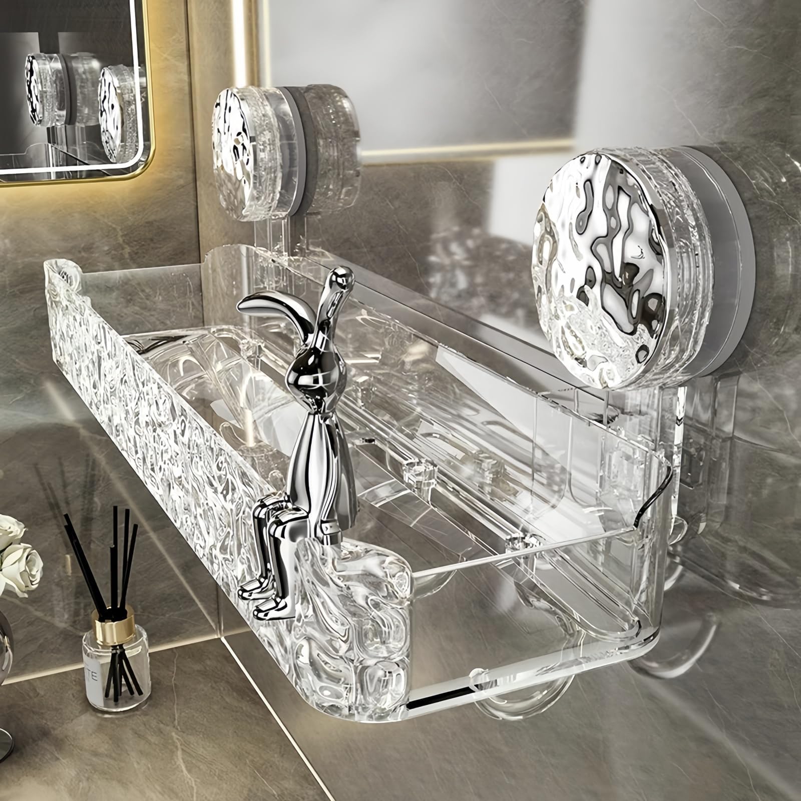 Photo 1 of AYWSTC Shower Caddy Suction Cup, Wall Mounted Suction Shower Rack Organizer, No Drilling Clear Shelf Basket with 4 Movable Hooks, Bathroom Storage Rack Suitable for Smooth Walls