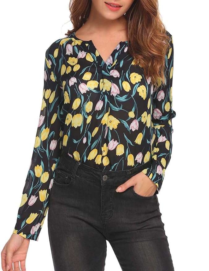 Beyove Damen Chiffonbluse mit Blumen Sommer Bluse Lamgarm Shirt Musterprint Obertail
