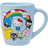 Silver Buffalo Sanrio Hello Kitty and Friends Featuring Badtz-Maru, My Melody, Cinnamoroll, Pompompurin, Tuxedo Sam, Keroppi, and Chococat Rainbow Jumbo Curved Ceramic Mug, 25 Ounces