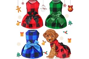 Frienda 3 Pieces Christmas Plaid Dog Dresses with Bowknot Buffalo Plaid Puppy Dress Pet Dogs Girls Princess Outfit Check Dog Skirt Holiday Costume Apparel Clothes for Small Dogs(S (3-5lbs))