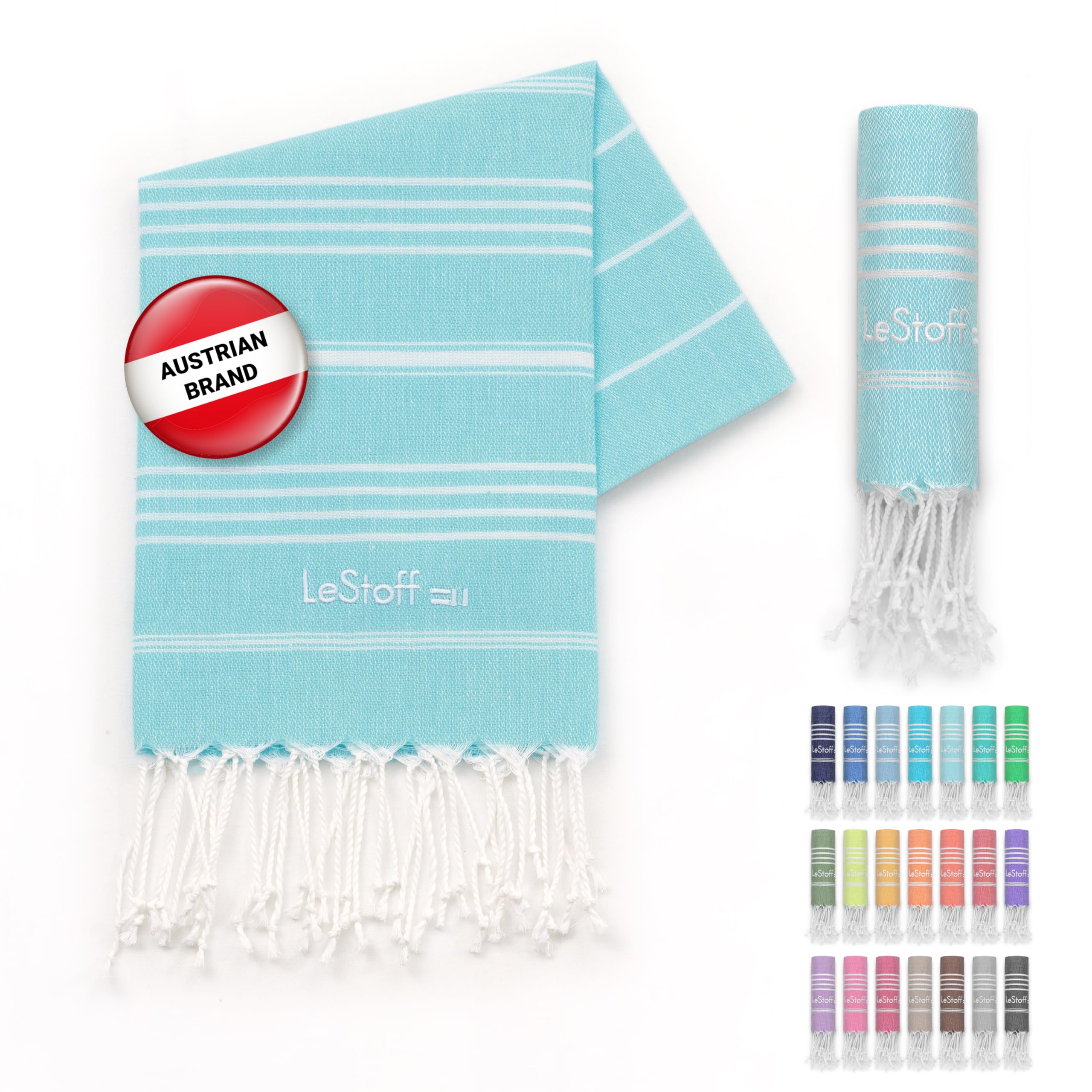 LeStoff Premium Hammam Towel - 100% Organic Cotton - Pre-washed Sustainable Absorbent & Quick-drying - Beach, Bath, Shower, Yoga, Spa & Travel Towel (50 x 100 cm, Light Aqua)