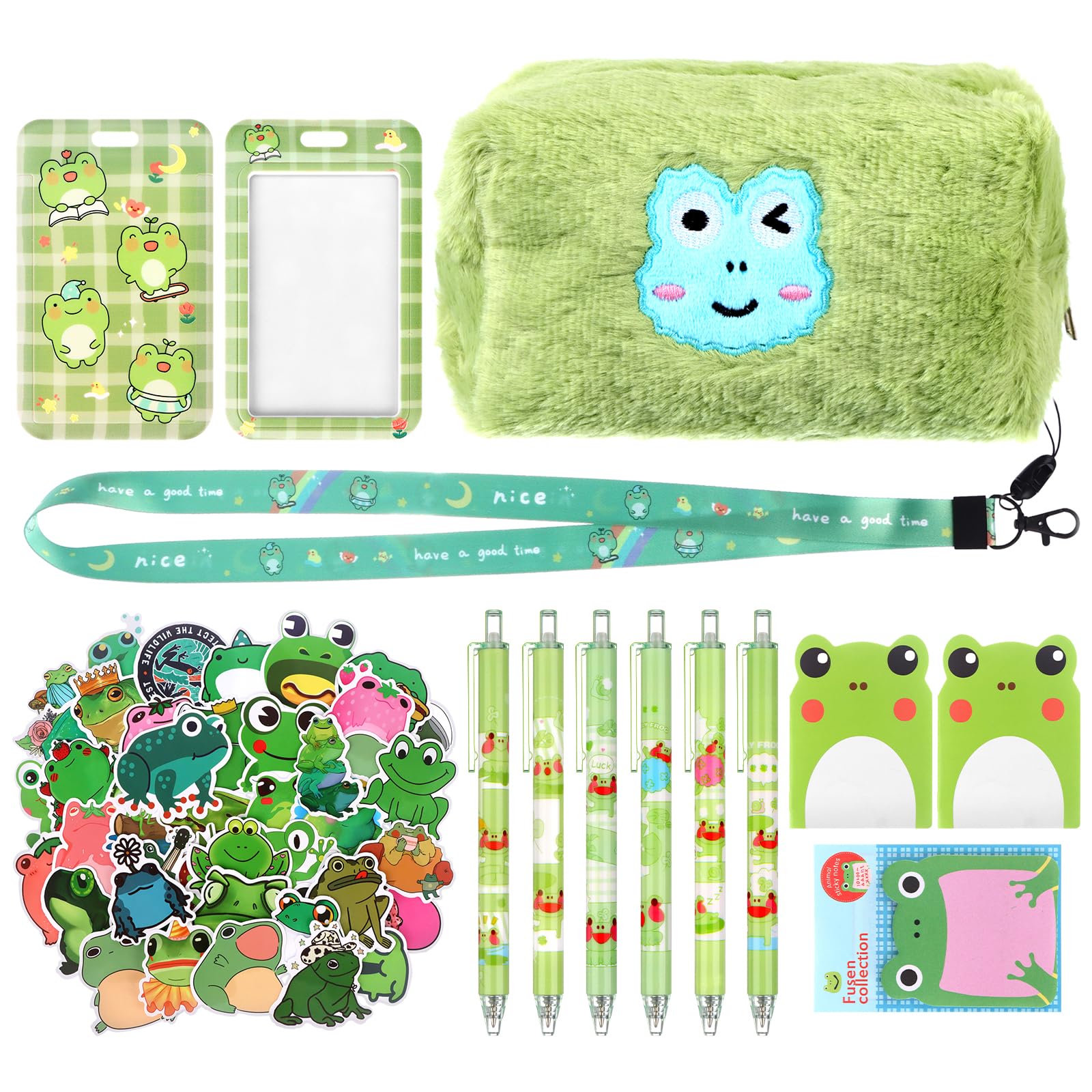61 Pcs Frog Stationery Set Frog Pencil Pouch Frog Pens Notebooks Sticky Notes Stickers ID Card with Lanyard, Frog Party Favours for Women Girls Frog Lovers Student Teacher Office School Supplies