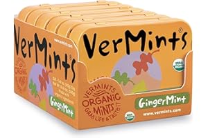 Organic Breath Mints by VerMints, GingerMint Flavor, All Natural, Non-GMO, Nut Free, Gluten Free, Vegan, KSA Kosher, Pack of 6, 1.41oz Tins
