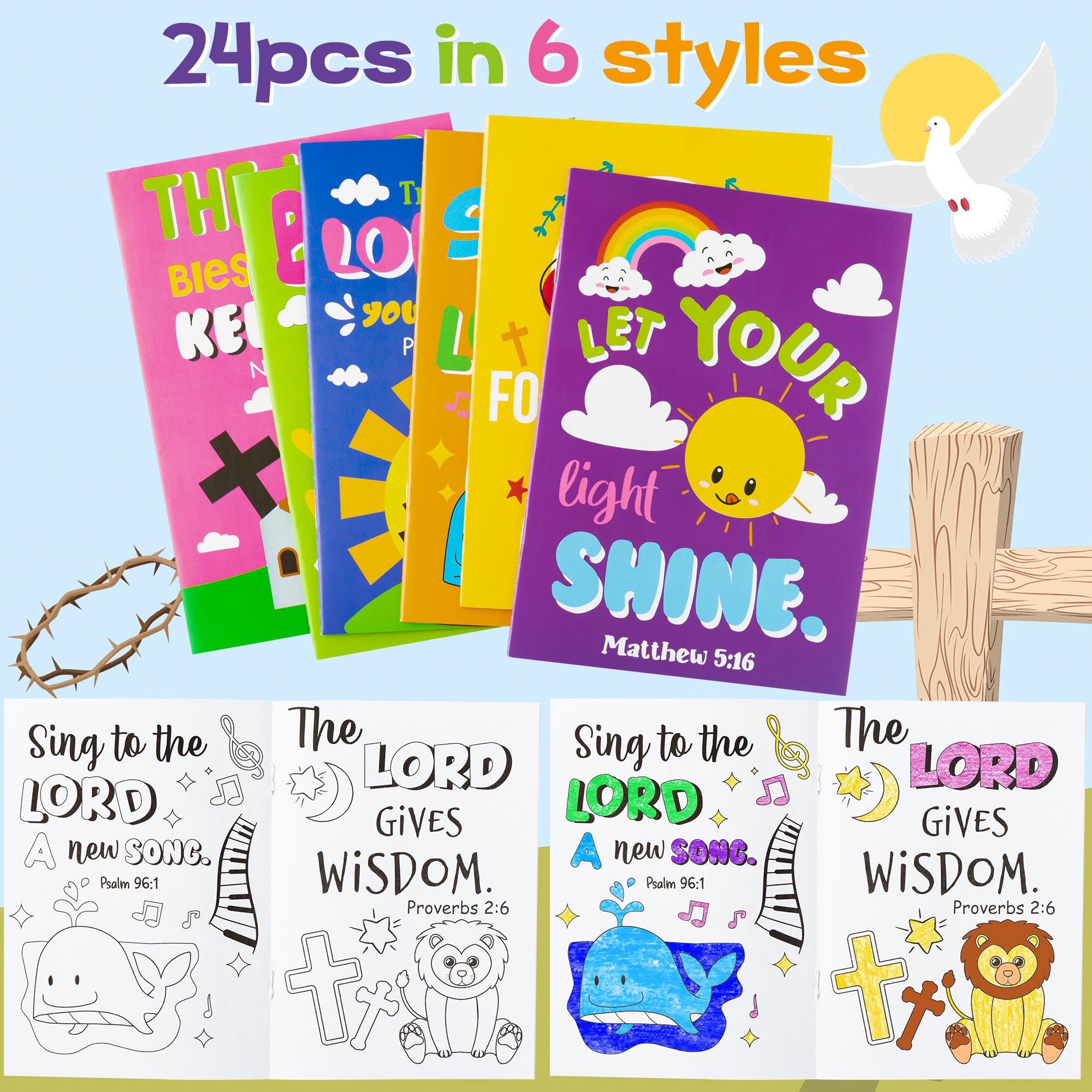 24Pcs Bible Coloring Books Religious Theme DIY Color-in Pages with Inspirational Words Drawing Holiday Christian Activity Supplies for Sunday School Classroom Rewards Artwork Gift for Kids