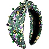 vokone Mardi Gras Headband Feather Mask Headbands Purple Green Yellow Beaded Embellished Wide Knotted Headband Statement Mardi Gras Costume Headwear Hair Accessory (Mask Beaded)