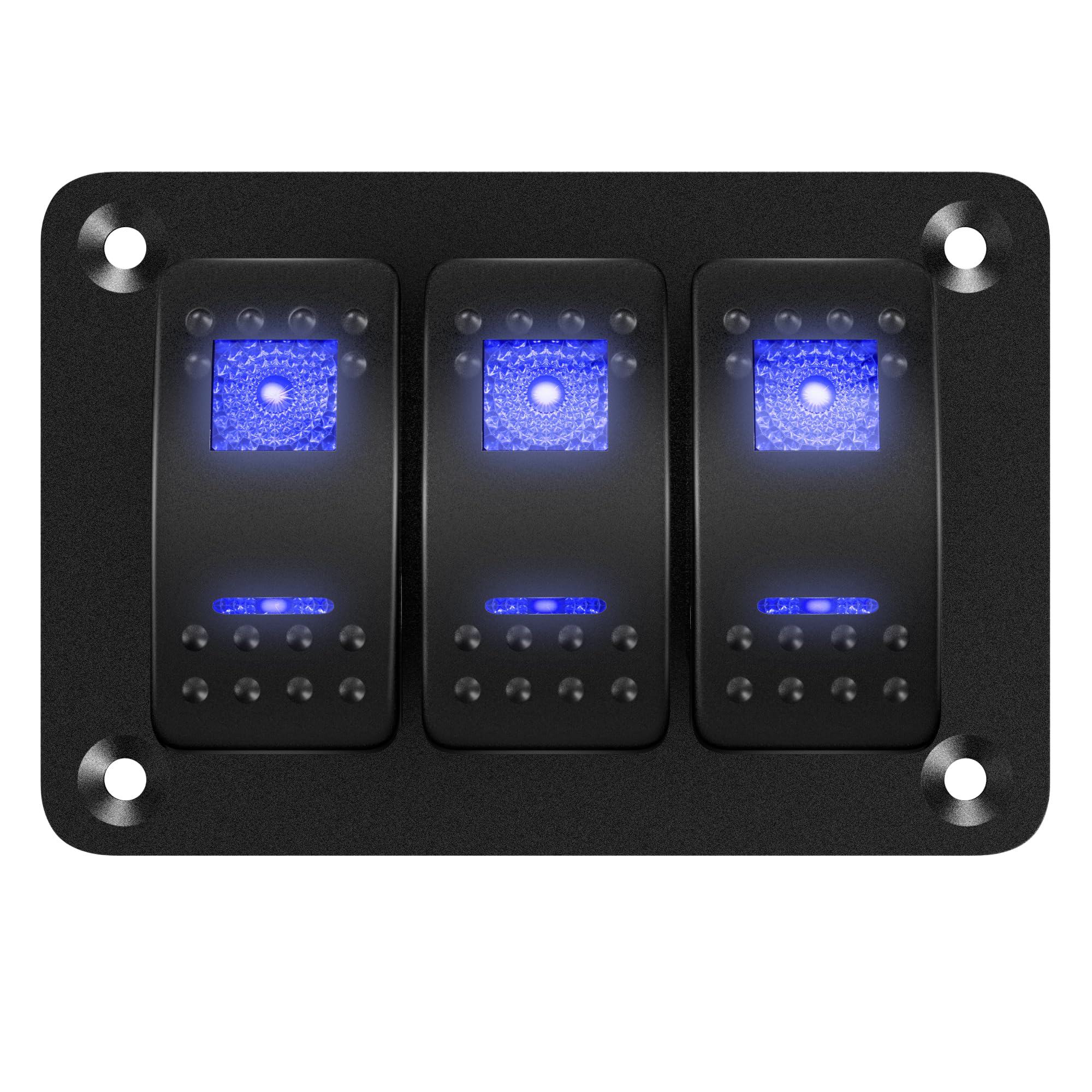 Photo 1 of DaierTek Marine Switch Panel Waterproof 12V 3 Gang Rocker Switch Panel Blue LED Light Toggle Switch Aluminum Panel Pre-Wired for Car Truck Boat RV UTV ATV RZR
