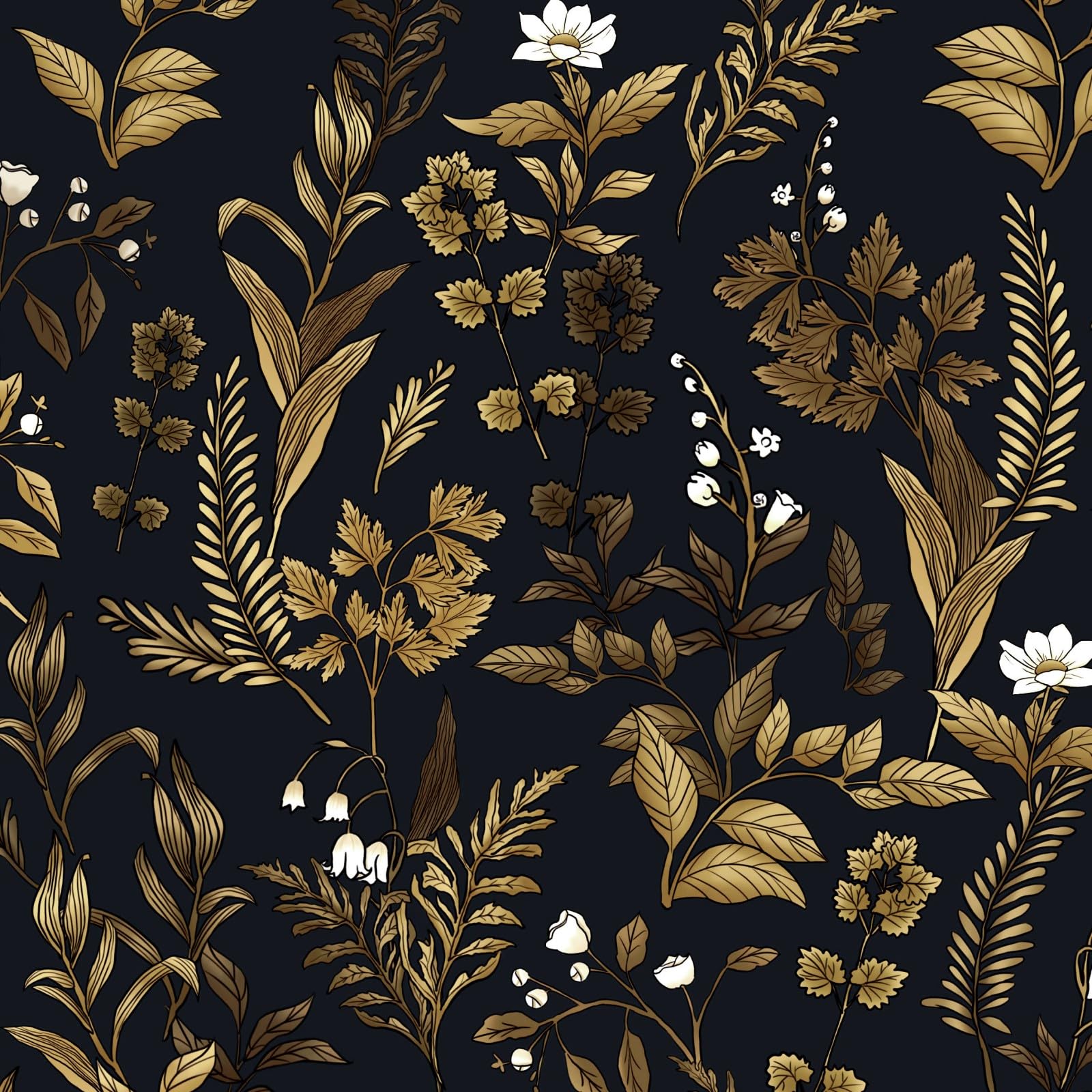 VOLEAAR Boho Contact Paper Vintage Peel and Stick Wallpaper Leaf Flower Floral Wall Paper Stick on backsplash Room Walls Cabinet Removable Waterproof Black Gold 45CM x 1000CM