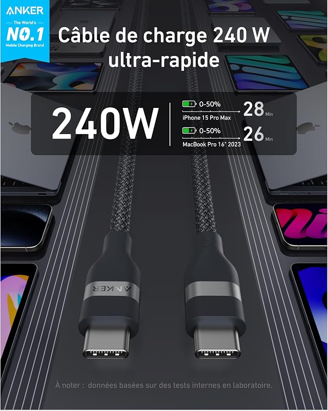 Câble USB C vers USB C, 240W (0,9 m, Noir)