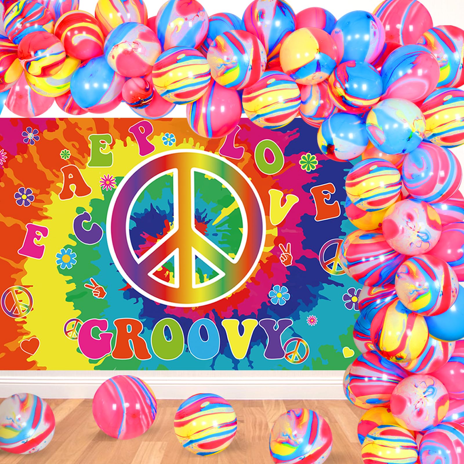 JOYMEMO 60's Hippie Theme Party Decorations, 1960s Groovy Photo Backdrop, Tie Dye Balloons Garland Arch Kit for Retro 60s, Woodstock Rock Party Decor Background
