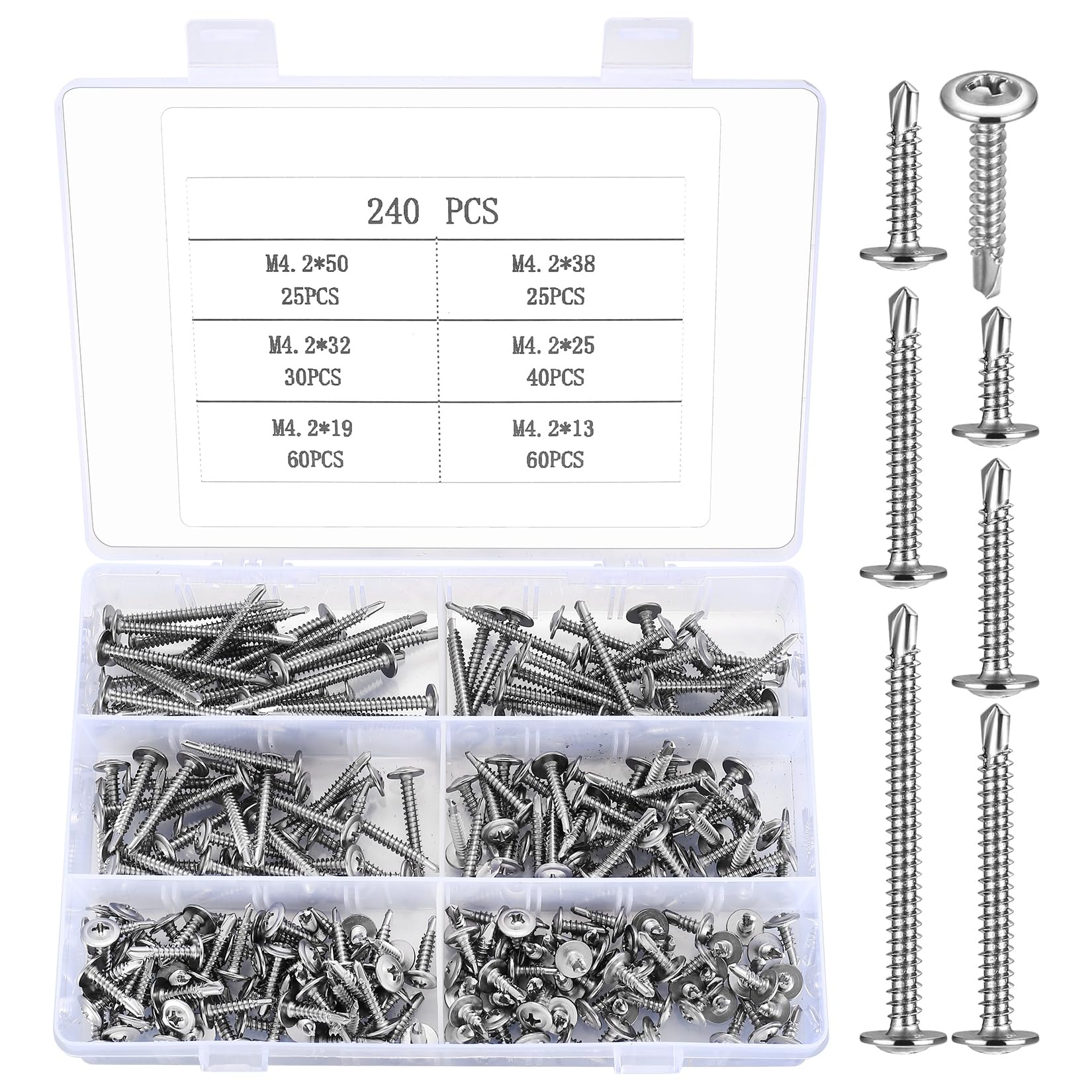 "Tek Self Tapping Screws - 240 Pcs, Modified Truss Head for Metal, Wafer Head Phillips Self Drilling Screws for Wood, Metal, Plastic"