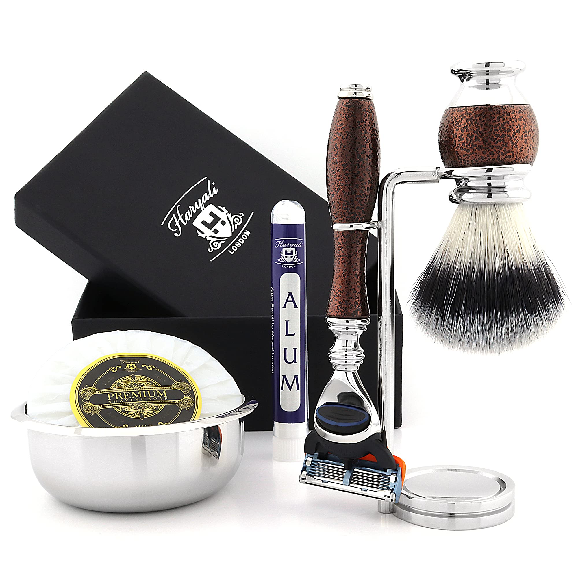 Haryali London 6Pc Men's Shaving Gift Set, 5 Edge Razor, Synthetic Hair Shaving Brush, Shaving Bowl and Stand, Shaving Soap and Aftershave Alum Stick for Men