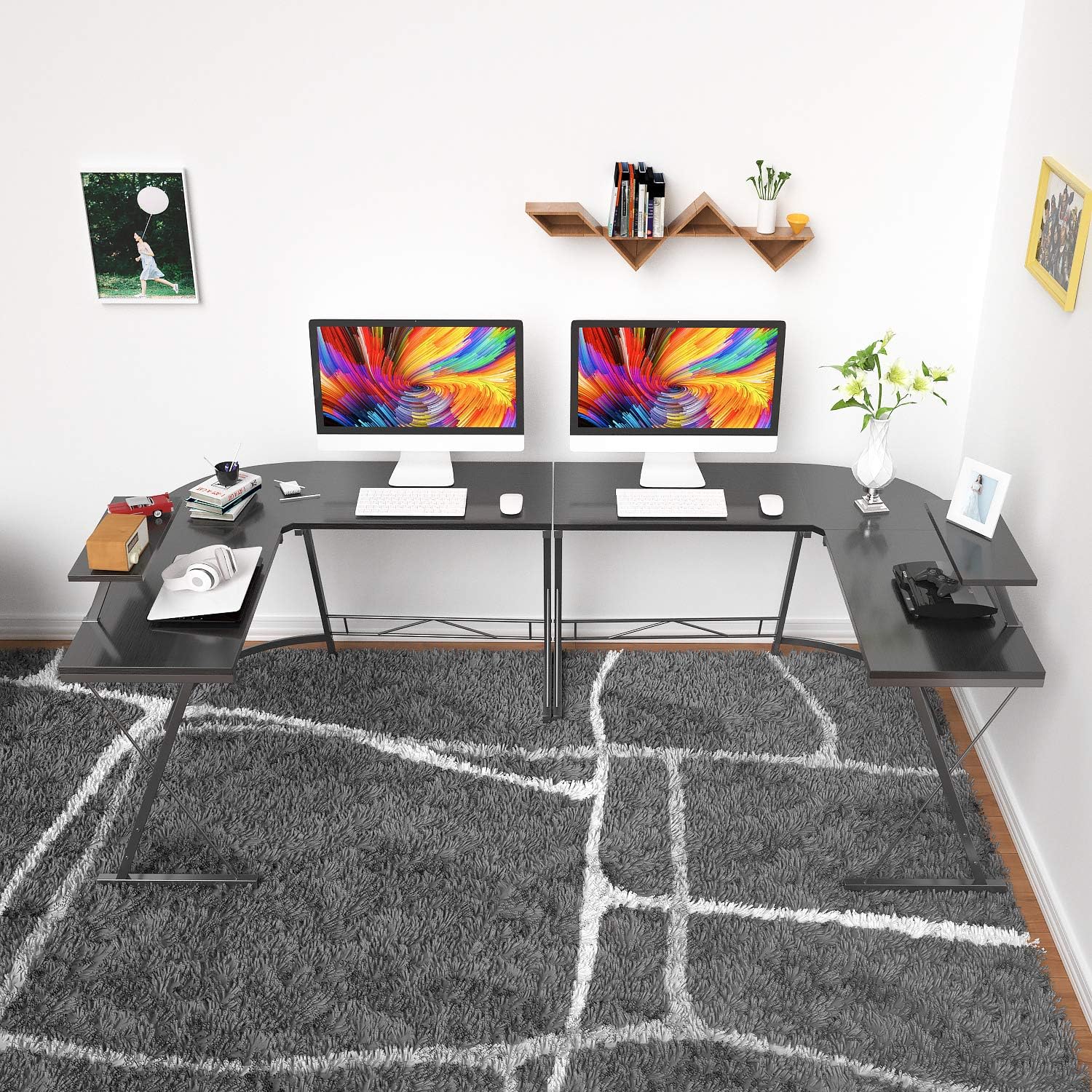 Foxemart L Shaped Desk 50.8" Computer Desk with Round Corner Modern Sturdy Gaming Home Office Desks with Large Monitor Shelf for Office, Workstation, Bedroom, Living Room, Black: Kitchen & Dining