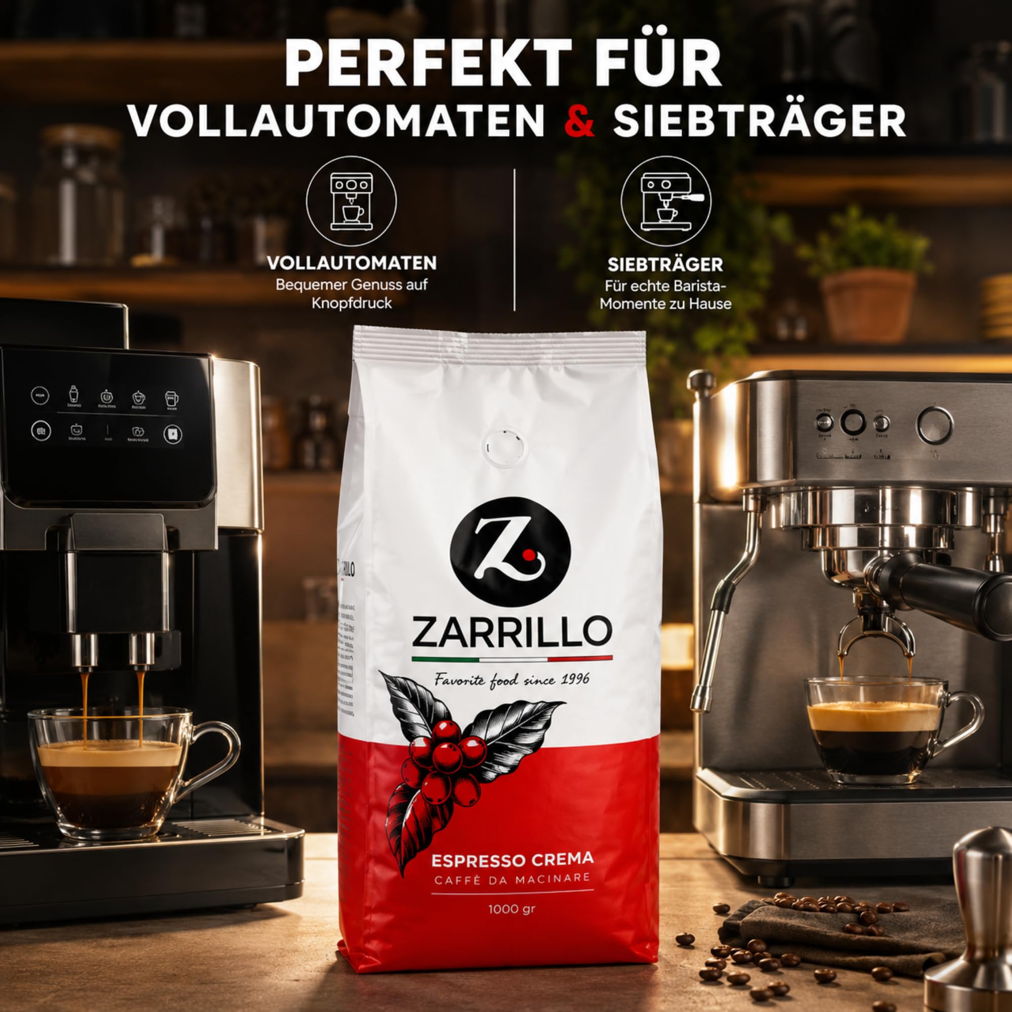 ZARRILLO Italienische Espresso Kaffeebohnen, Arabica und Robusta, für Vollautomaten & Siebträgermaschinen, Kräftige Crema, Mittlere Röstung (1 kg (1er Pack)) 3