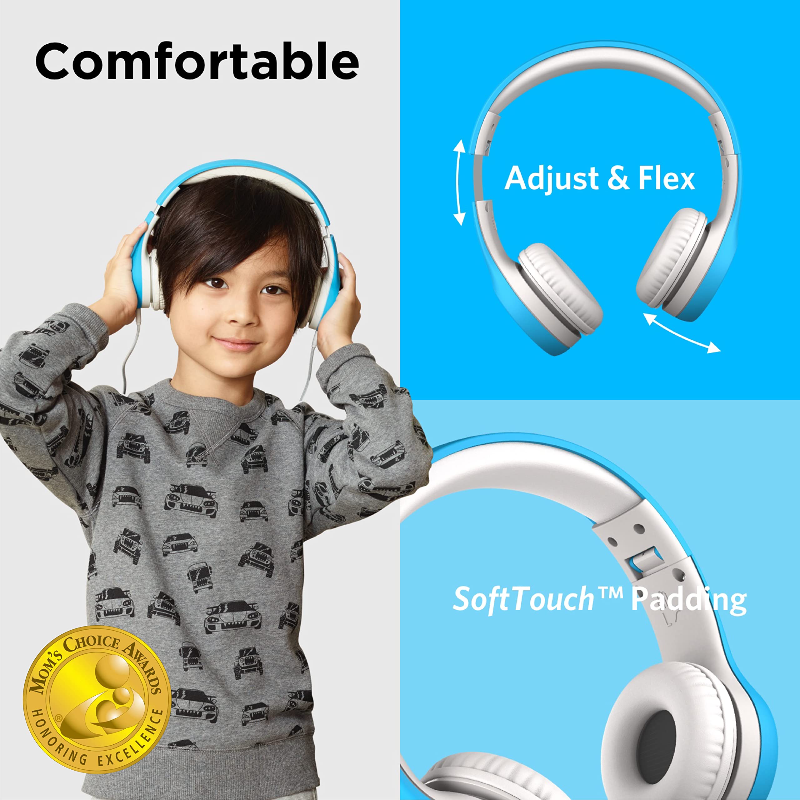 LilGadgets Connect+ Wired Kids Headphones for School w/Microphone, Volume Limiting & Noise Reduction On-Ear Headset w/Cord, SharePort Technology & SoftTouch Padding, Blue - Headphones Wired for Kids