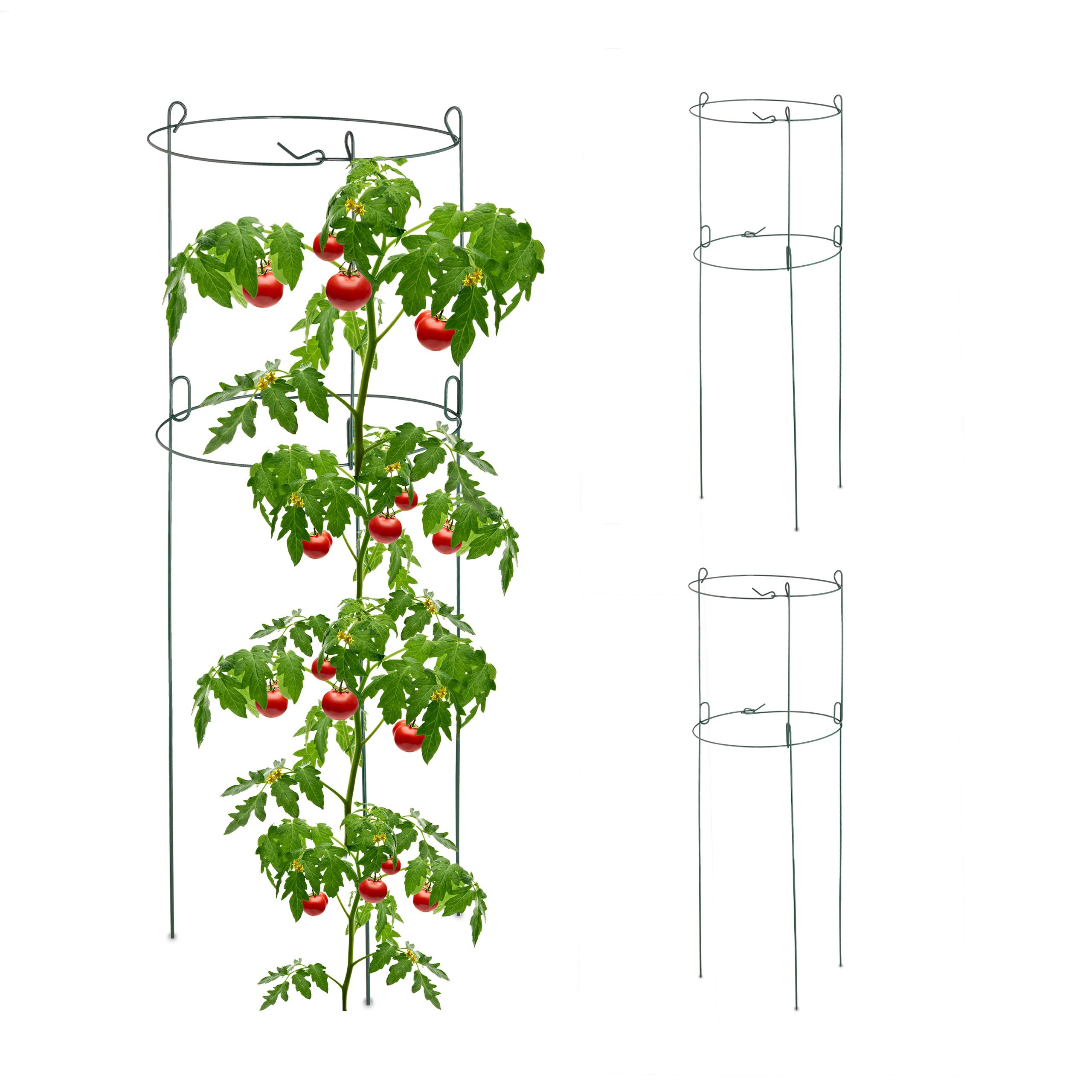 Relaxdays Tomato & Cucumber Creeper Set of 3, Metal, Round Plant Support, HxD: 76 x 26 cm, 2 Rings, Tower, Green, Steel, 76x26x26cm