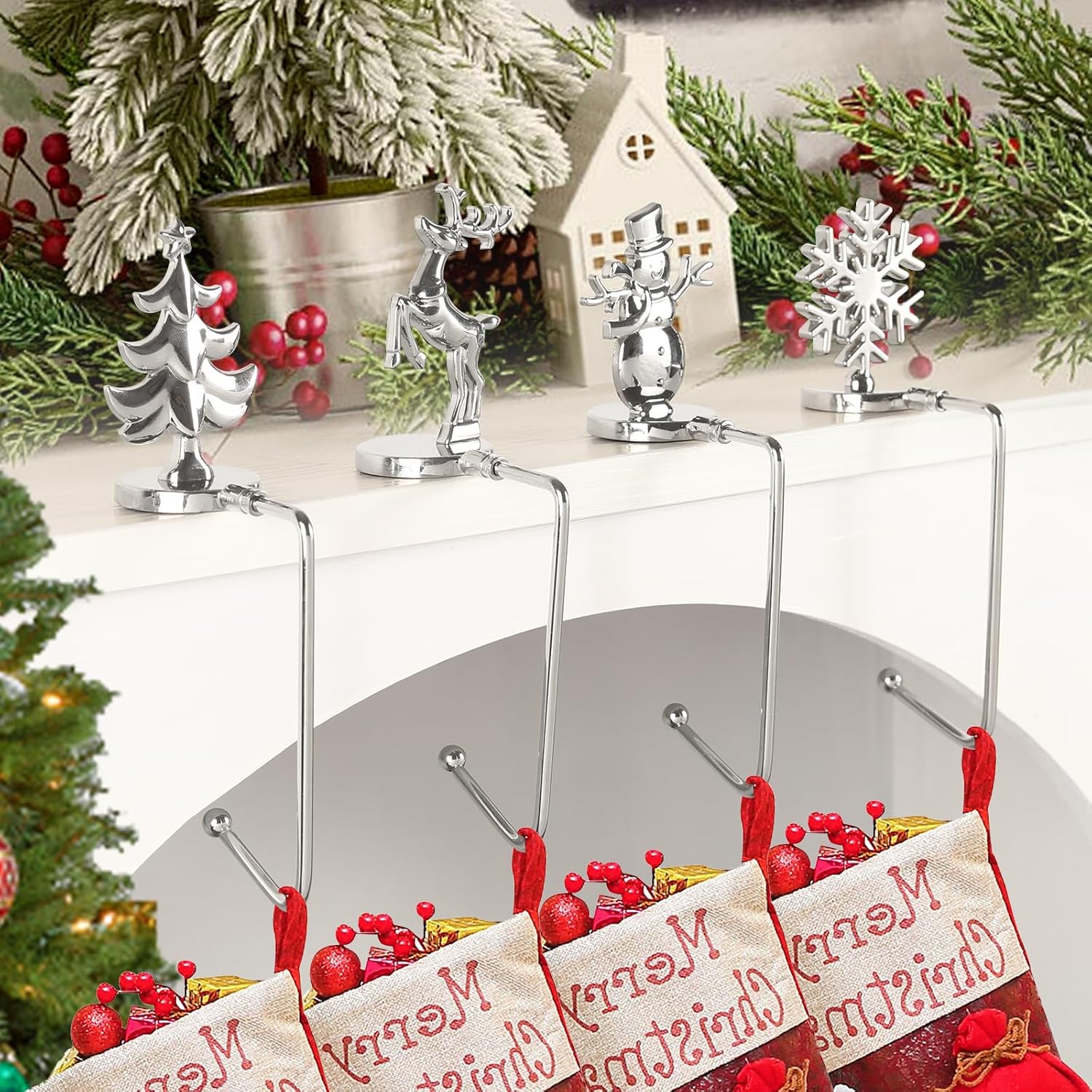 Stockings & Holders - Christmas Stocking Holders for Mantle Set of 4, Non-Slip 360° Adjustable Freestanding Stocking Hanger for Fireplace, Multi-uses Stocking Hooks Clip Kit for Christmas Wall Party Decoration(Sliver)