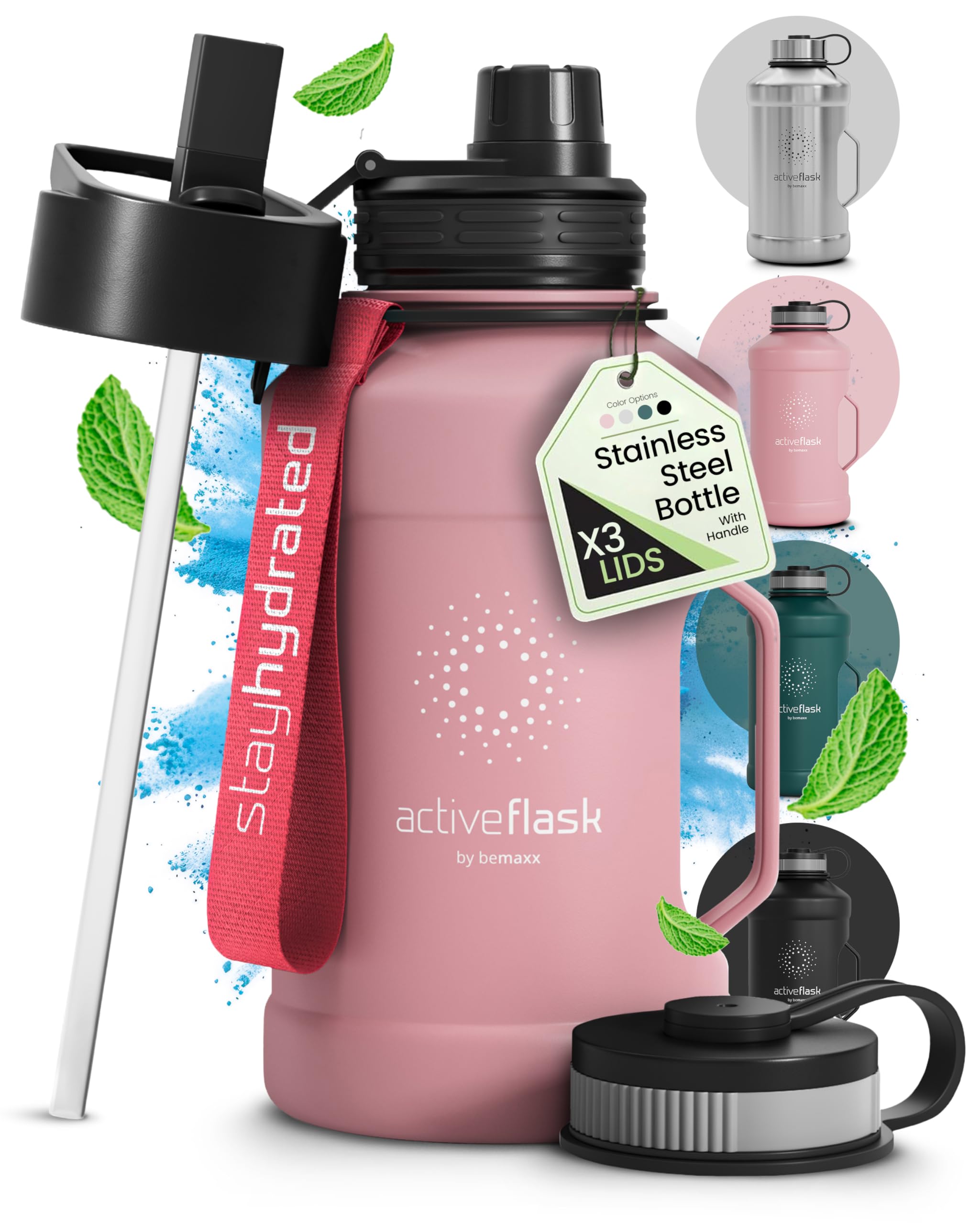 BeMaxx Leakproof Stainless Steel Water-bottle ACTIVE FLASK + Straw (3 Lids) | Large 1.3/2.2 L Capacity Sports Container BPA-free, for Carbonated Drinks, 74 oz XL Training Outdoor Fitness Water Bottle