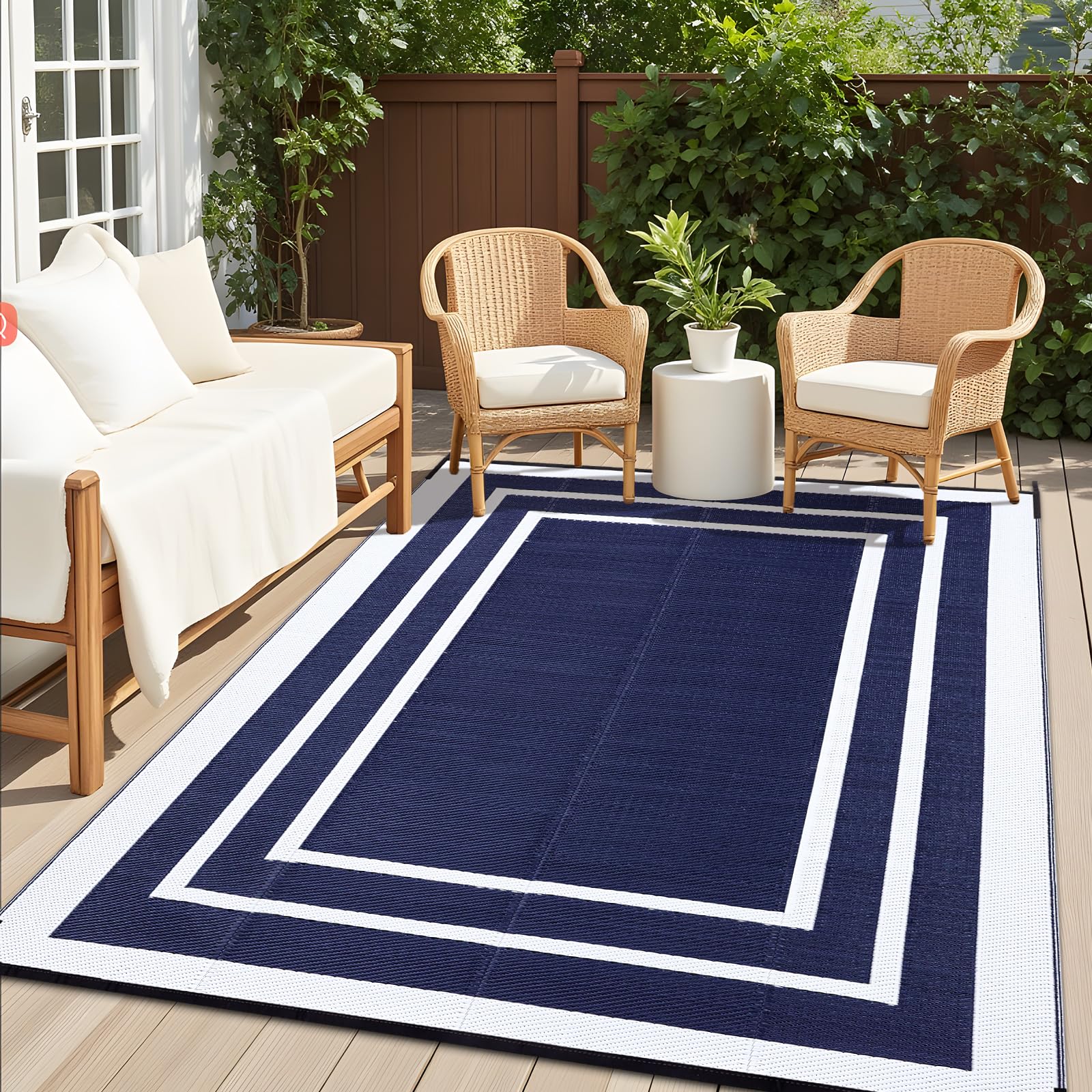 Photo 1 of OLANLY Outdoor Rug 6x9 ft Waterproof, Reversible Outdoor Plastic Straw Rug, RV Mat, Indoor Outdoor Carpet Clearance for Patio, Camping, Balcony, Deck, Backyard, Navy & White