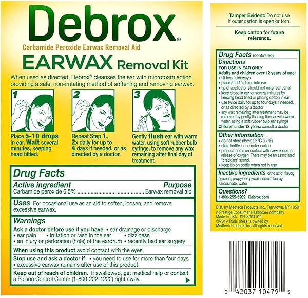 DEBROX EAR WAX REMOVAL KIT, BULB SYRINGE & 0.5 FL OZ EAR WAX REMOVAL DROPS WITH CARBAMIDE PEROXIDE