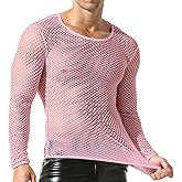 QiaTi Men's Fishnet Shirt Mens Fishnet Top Mesh Transparent Long Sleeve Muscle T-Shirt Net Undershirt Top for Men