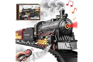 Hot Bee Train Set for Boys,Remote Control Christmas Train Sets w/Steam Locomotive,Light Passenger Cars & Tracks,Trains Toys w