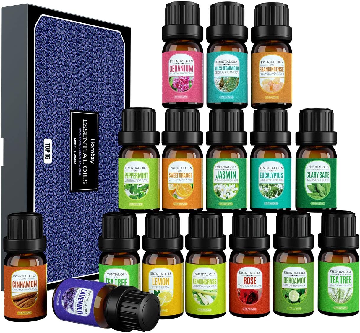 Homasy Essential Oils Gift Set, 100% Pure Aromatherapy Essential Oil Set, Top 16 Essential Fragrance Oil Set for Diffuser, Humidifier, Lavender, Sweet Orange, Tea Tree, Lemongrass, and More (16x5ml)