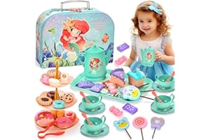 Lajeje Mermaid Tea Party Set for Little Girls - Pretend Plastic Teapot Set, Princess Tea Time Play Kitchen Toy with Cups, Plates, and Carrying Case - Birthday Gifts for Kids Toddlers Age 3 4 5 6