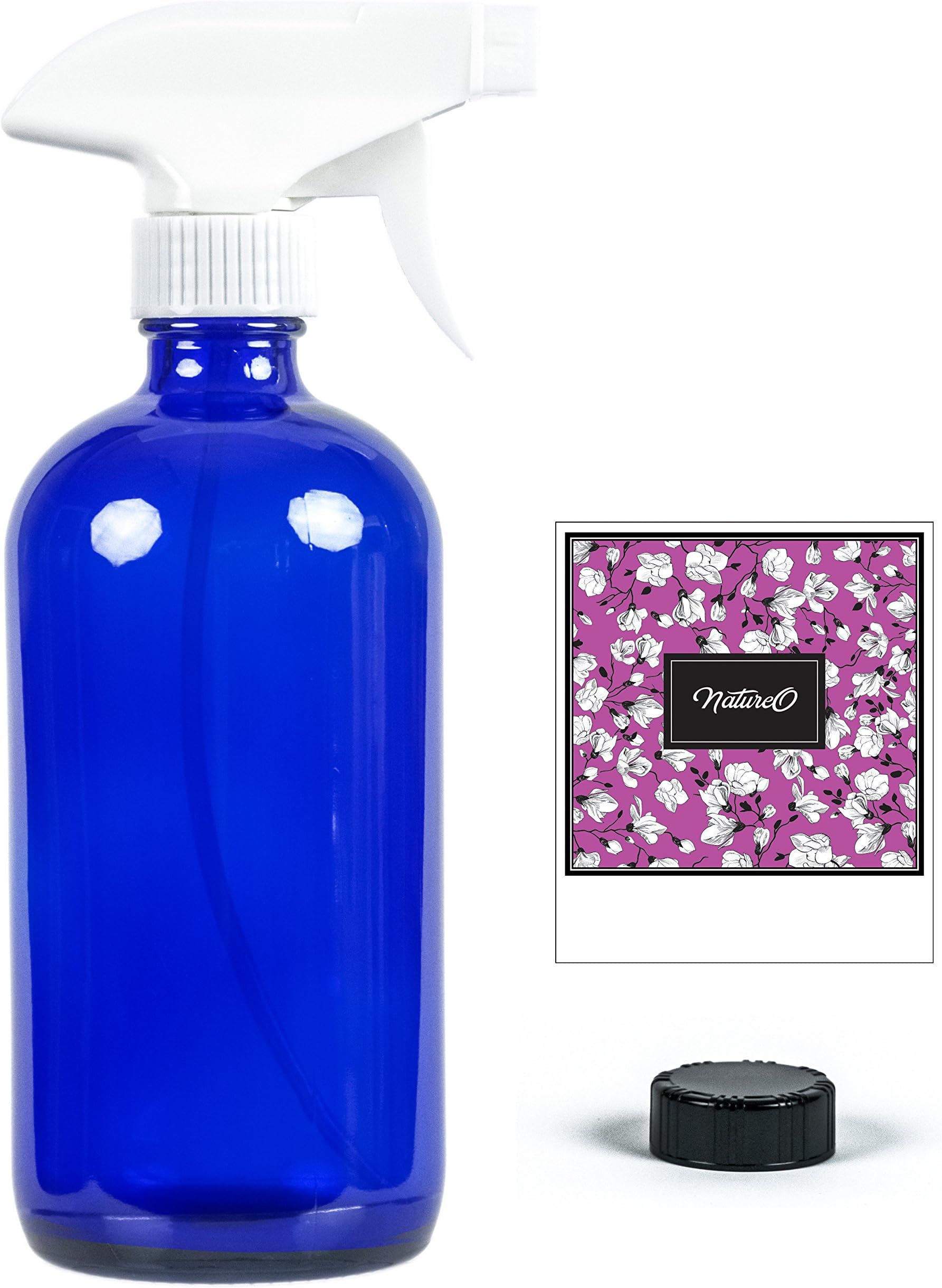 NatureO Glass Spray Bottle - 16 Oz COBALT BLUE Empty Spray Bottle for Essential Oils Mixtures With Trigger Sprayer and Cap - Sprays Stream or Mist - Gift Packaging - Beautiful Design Label