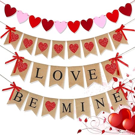 Amazon Co Jp バレンタインバナー4点セット フェルト製ハートバナー グリッターハート 黄麻布バナー 素朴なラブバナー Be Mine吊り下げバナー バレンタインデー 婚約 結婚パーティー Diy不要 ドラッグストア