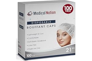 Medical Nation 21" Disposable Bouffant Caps | Pack of 100, White | Hairnets, Non-Woven, Non-Pleated Head Hair Covers |For Medical, Labs, Nurse, Tattoo, Food Service, Hospital, Cooking - Size 21" White