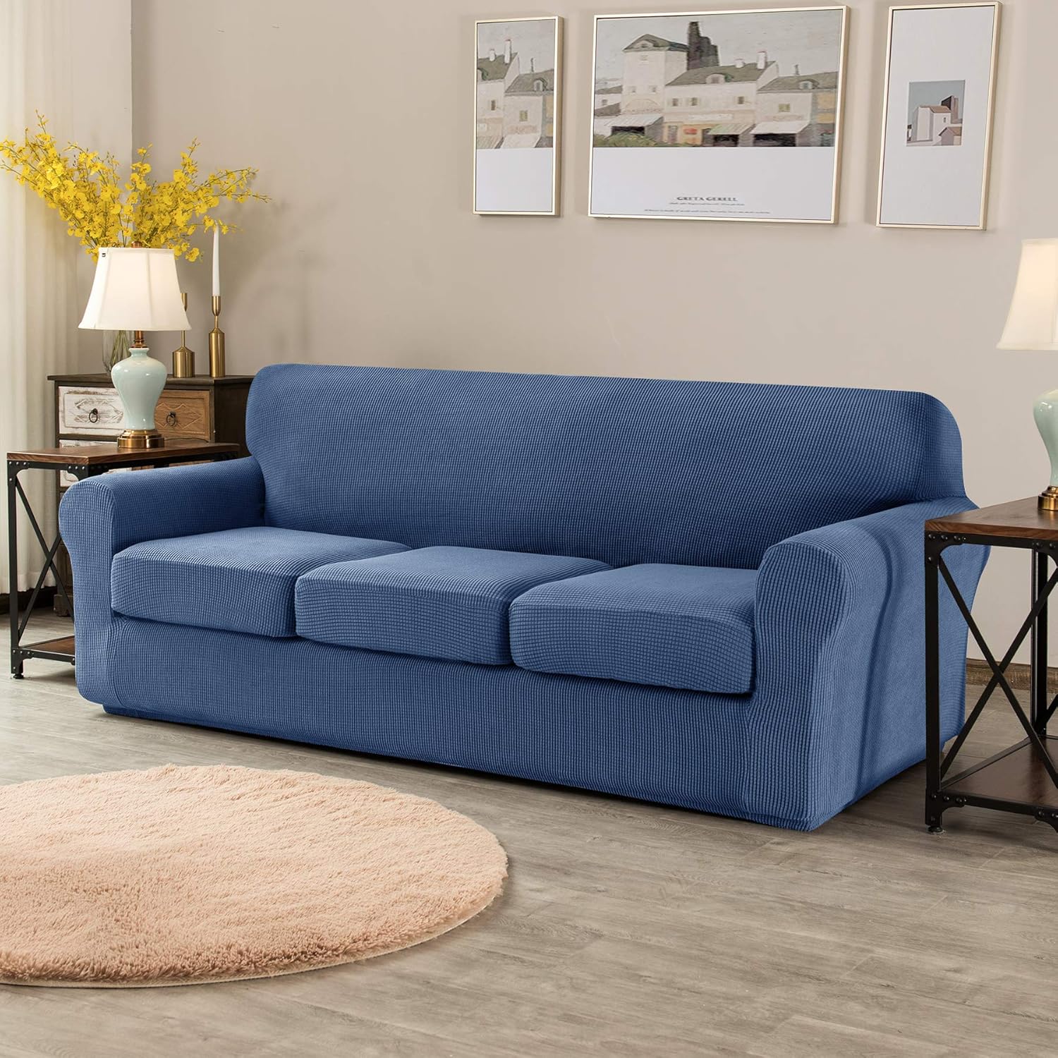CHUN YI 4 Pieces Stretch Sofa Cover for Dogs, 3 Seater Couch Slipcover with 3 Seperate Cushion Replacement Coat for Ektorp Universal Sleeper, Checks Spandex Jacquard Fabric, Large, Denim Blue: Home & Kitchen