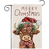 Merry Christmas Cow Garden Flags 12x18 Vertical Double Sided Outside, Highland Cow Yard Flag Outdoor Holiday Seasonal Winter Decorations for Home