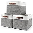 Bagnizer Storage Bins Large Fabric Storage Baskets for Shelves 3 Pack, Decorative Linen Closet Baskets with Handles for Organizing, Shelf, Clothes, Home, Office, 15x11x9.5Inches (Grey&White)