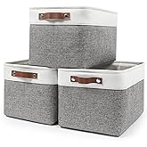 Bagnizer Storage Bins Large Fabric Storage Baskets for Shelves 3 Pack, Decorative Linen Closet Baskets with Handles for Organizing, Shelf, Clothes, Home, Office, 15x11x9.5Inches (Grey&White)