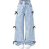 Peakpride Baggy Jeans for Girls Wide Leg High Elastic Waisted Cute Bow Denim Y2k Pant Trendy Boyfriend Skater Streetwear