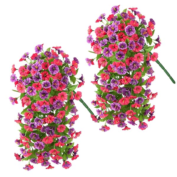 INQCMY ARTIFICIAL FLOWERS FOR OUTDOOR SPRING SUMMER DECORATION FAUX SILK MORNING GLORY FAKE HANGING FLOWERS UV RESISTANT LOOK REAL FOR HOME PORCH (HOT PINK&ORCHID-2B)