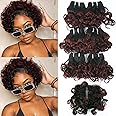 1b/99j Ombre Short Curly Wavy Bundles with Closure Brazilian Wavy Curly 6 Bundles with 4x4 Closure Unprocessed Human Hair Burgundy Red Wavy Curly Bob Human Hair Bundles and Closure(8 8 8 8 8 8+8)