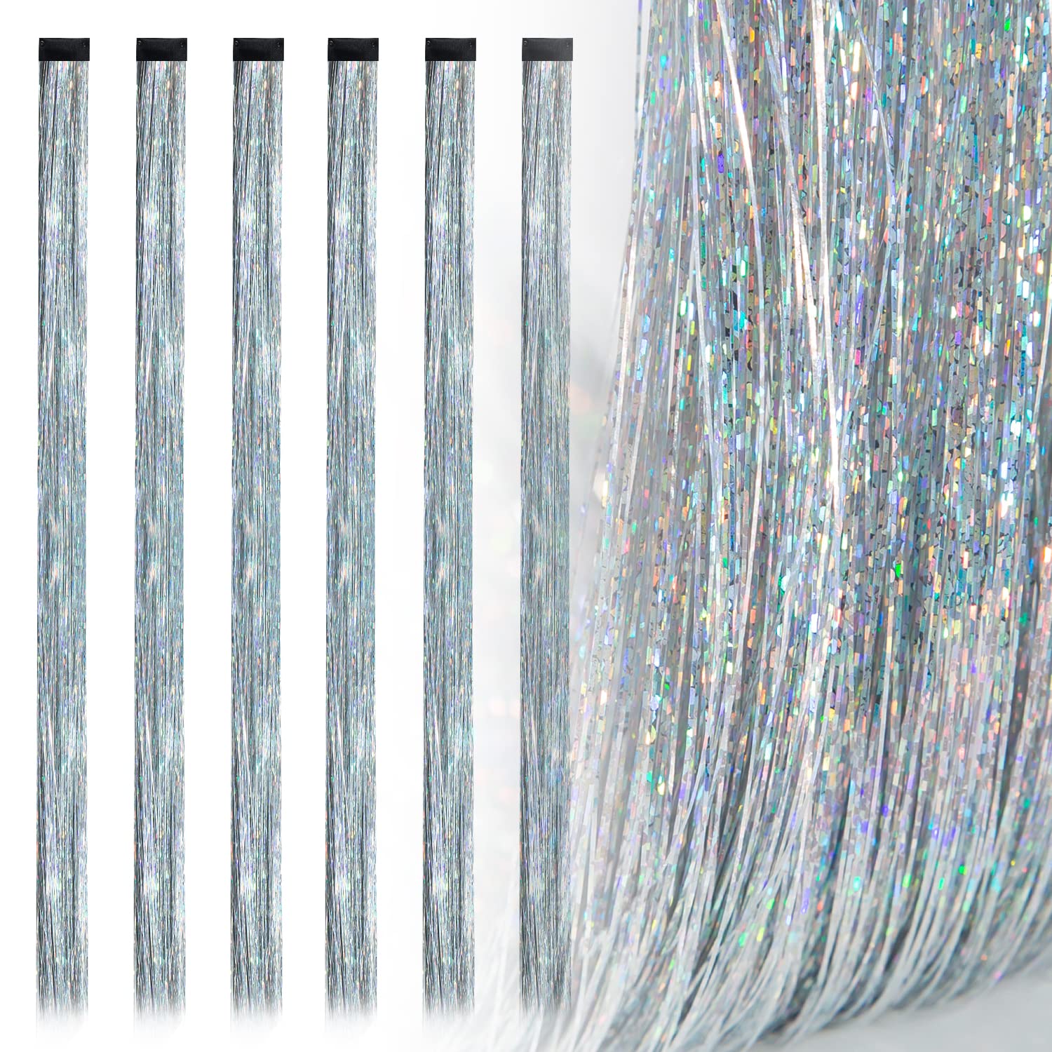 Photo 1 of 19.7 Inch Clip In Hair Tinsel Fairy Hair Tinsel Kit Clips Clip On Glitter Hair Tinsel Extensions Silver