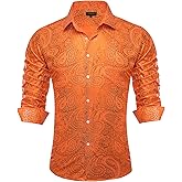DiBanGu Mens Paisley Dress Shirt Luxury Printed Long Sleeve Button Down Shirts Regular Fit Shiny Shirts for Wedding Prom