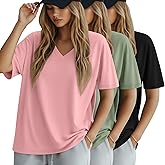 Huukeay 3 Pack Women's Oversized Cotton T-Shirts V Neck Loose Fit Casual Workout Tees Soft Short Sleeve Tops