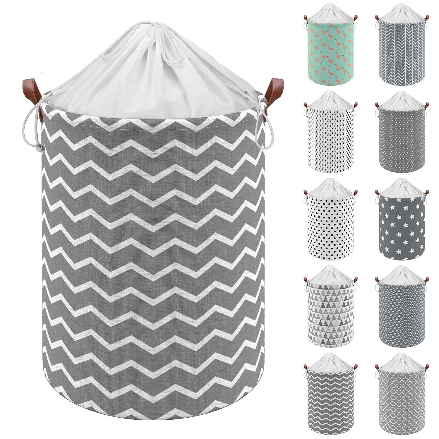 Vinsani 19.7” Freestanding Laundry Basket Storage Sorter with Drawstring Lid, Collapsible Thick Canvas Hamper Basket For Clothes, Toys, Blankets, Towels & other Bathroom and Bedroom Use – Waves