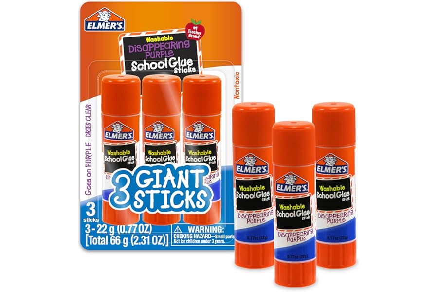 Elmer's Disappearing Purple School Glue Sticks, Washable, 22 Grams, 3 Count - Poster, Vision Board, Back to School Supplies,