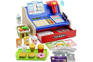 HYES Wooden Cash Register for Kids, Rechargeable Pretend Play Supermarket & Fast Food Restaurant, Teen Cash Register with Play Money, Toy Food, Toddler Learning Toys for Kids Boy & Girl Age 3-5, Blue