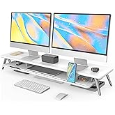 Fenge Dual Monitor Stand 2 Tiers Computer Stand Riser for 2 Monitors 42.5 Inch Wood Desk Shelf with Storage Organizer and Cab
