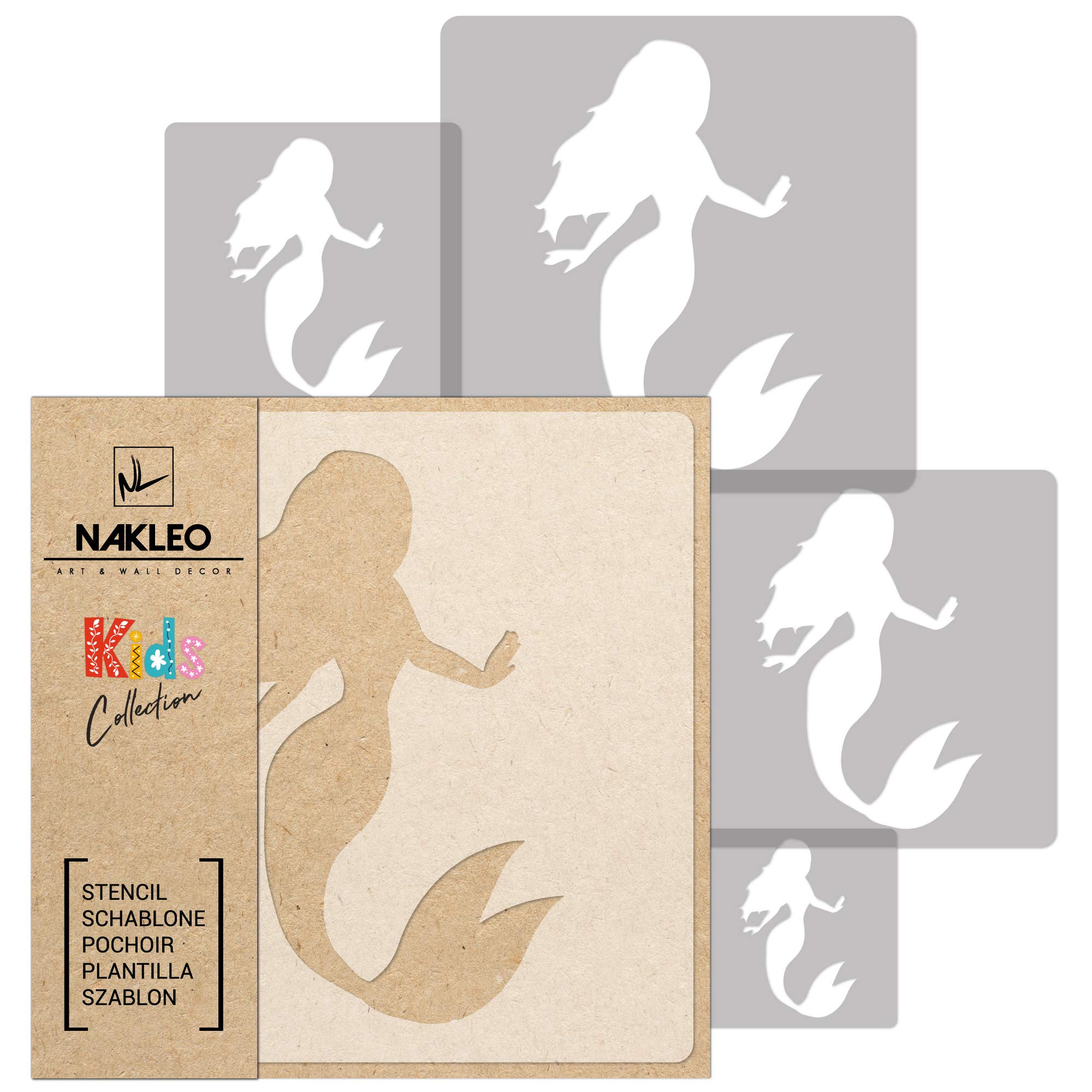 NAKLEO Painting Stencils Set for Nursery Room, 5 Pcs Templates 9x9 to 34x34cm Siren Mermaid Ariel, Plastic and Reusable Drawing Stencils, Decor, Craft DIY Wall Furniture