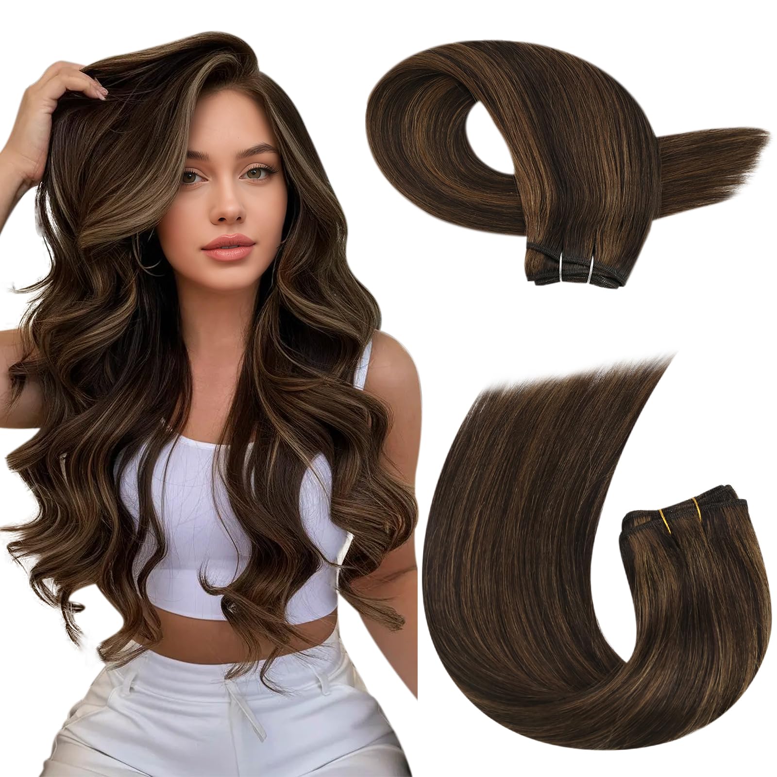 Moresoo Weft Hair Extensions 22 Inch 100g/Pack Hair Wefts Dark Brown with Chestnut Brown Invisible Full Head Sew in Human Hair Extensions Remy Hair Straight #P2/8