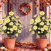 Lunmon 2 Pack Artificial Camellia Tree 3 Ft Spike Yellow | 36" UV Resistant Realistic Blooming for Indoor Outdoor Front Door Porch Backyard Garden Spike for Easy Ground Installation