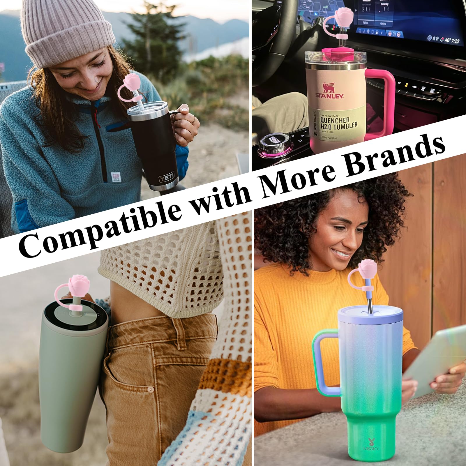 Amreich Valentines Day Straw Covers - Pink Rose Straw Toppers Romantic Stanley Cup Accessories for Girls Girlfriend