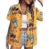 MYMORE Women's Western Cowgirl Button Up Shirt Vintage Print Short Sleeve Hawaiian Shirt Top Cute Country Concert Outfit