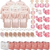 Toulite 48 Pcs Bridesmaid Robe Sets Silk Satin Bride Party Robes with Bachelorette Gift Handbags Knot Bracelets Hair Ties Rhinestone Mirrors and Socks for Bridesmaid Wedding Bachelorette Party